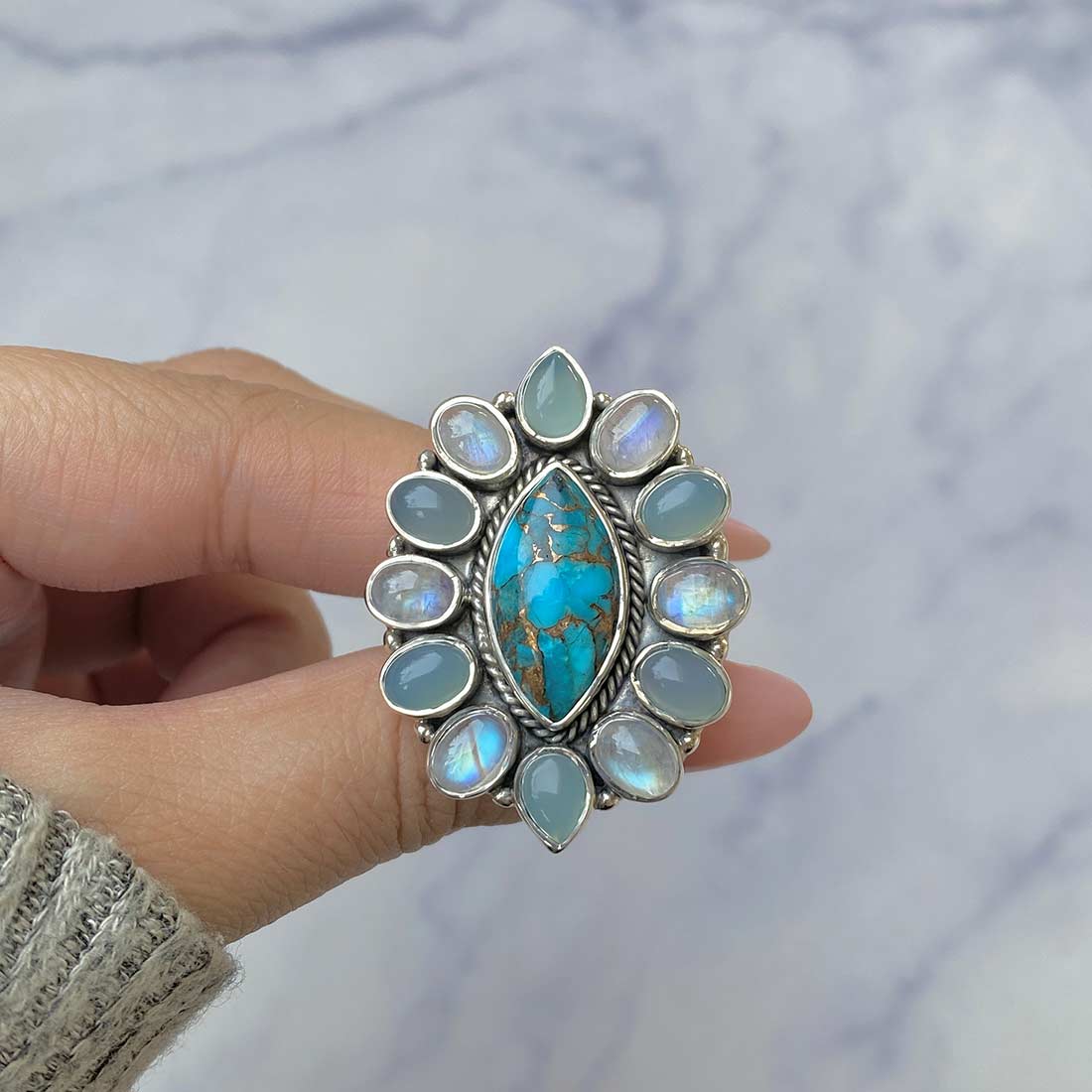 Copper Turquoise, Aquamarine And Moonstone Flower Adjustable Ring-(TRC-FLR-4.)